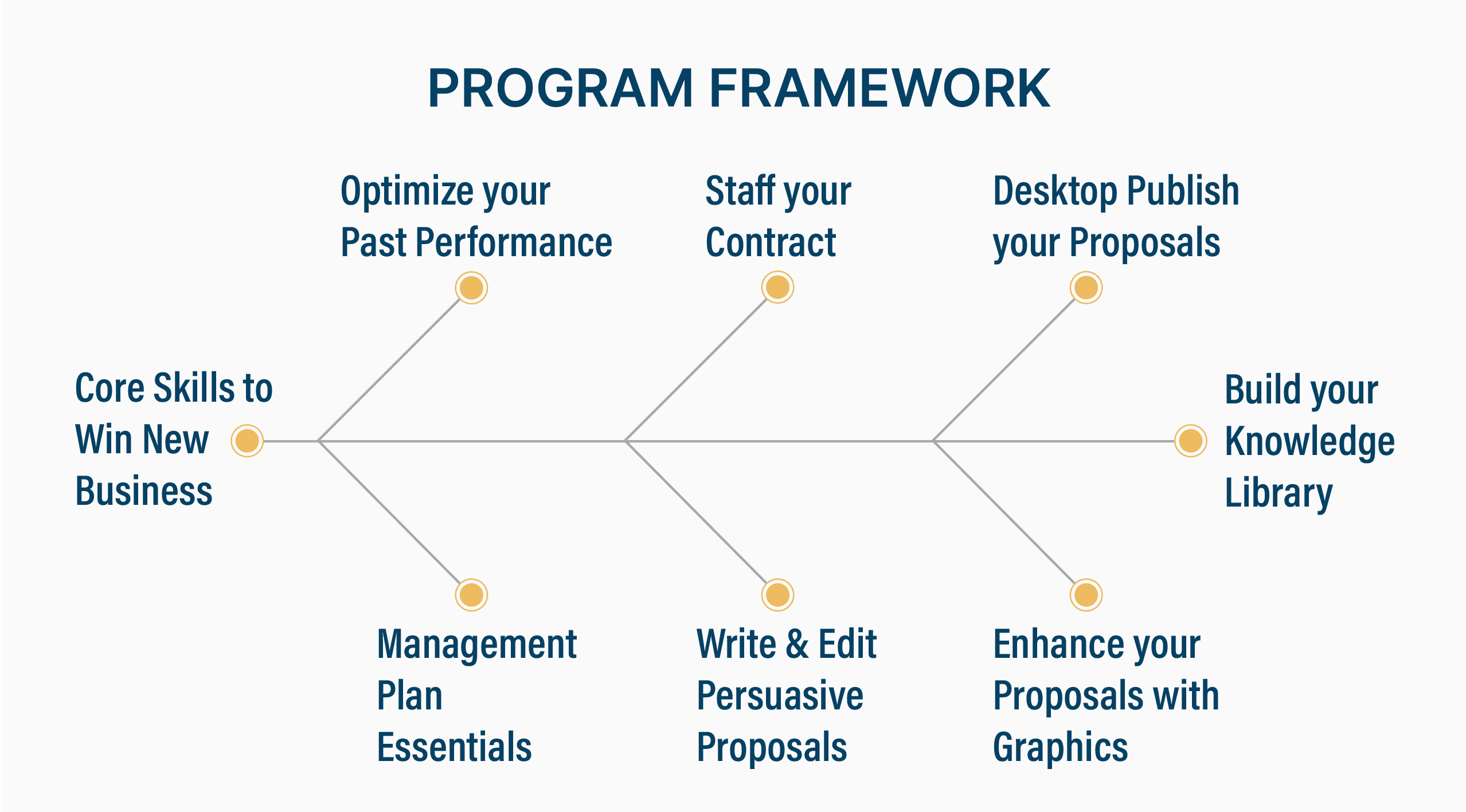 A fishbone diagram illustrating a "Program Framework" showing courses for key skills including core skills to win new business, optimizing past performance, writing persuasive proposals, management plans, enhancing graphics, desktop publishing, and building a knowledge library. Each skill branches out from the central concept.