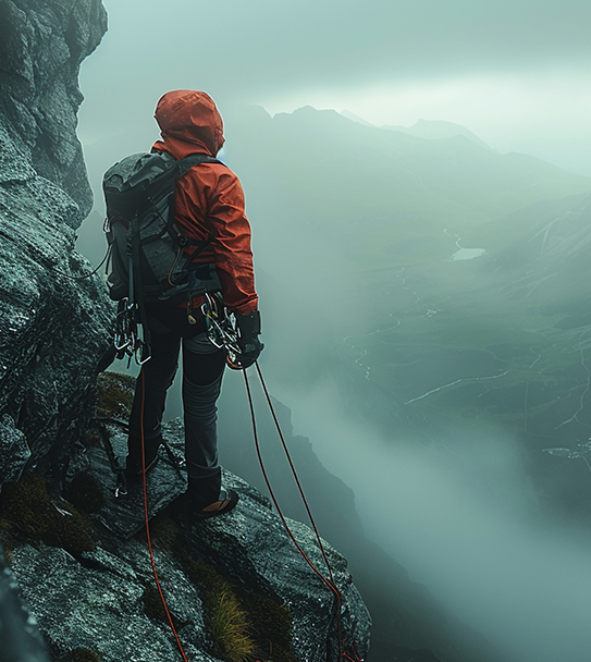 Setting goals in life concept, Mountain climber heading towards top of mountain, outdoors, man in mountains, climber
