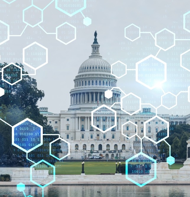 Capitol dome building exterior, Washington DC, USA. Home of Congress and Capitol Hill. American political system. Decentralized economy. Blockchain, cryptography and cryptocurrency concept, hologram